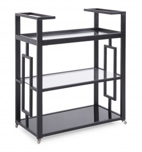 Contemporary serving bar cart on castors features bottle storage. Top two shelves 6mm tempered clear glass. Bottom shelf is 6mm tempered black glass. Metal frame in black finish - 012-2963T_Apollo_Trolley.jpg 