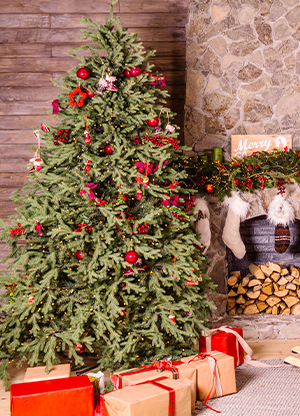 Fireplace with hanging stockings. Christmas Tree with Presents - 4_Grand_Fireplace_-_Santa’s_Entrance_2.jpg 