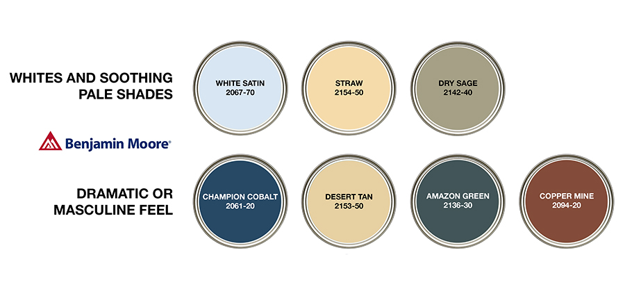 Benjamin Moore Colours: whites and soothing pale shades White Satin 2067-70 Straw 2154-50 Dry Sage 2142-40 dramatic or masculine feel Champion Cobalt 2061-20 Desert Tan 2153-50 Amazon Green 2136-30 Copper Mine 2094-20 - Benjamin_colours_900x416.jpg 